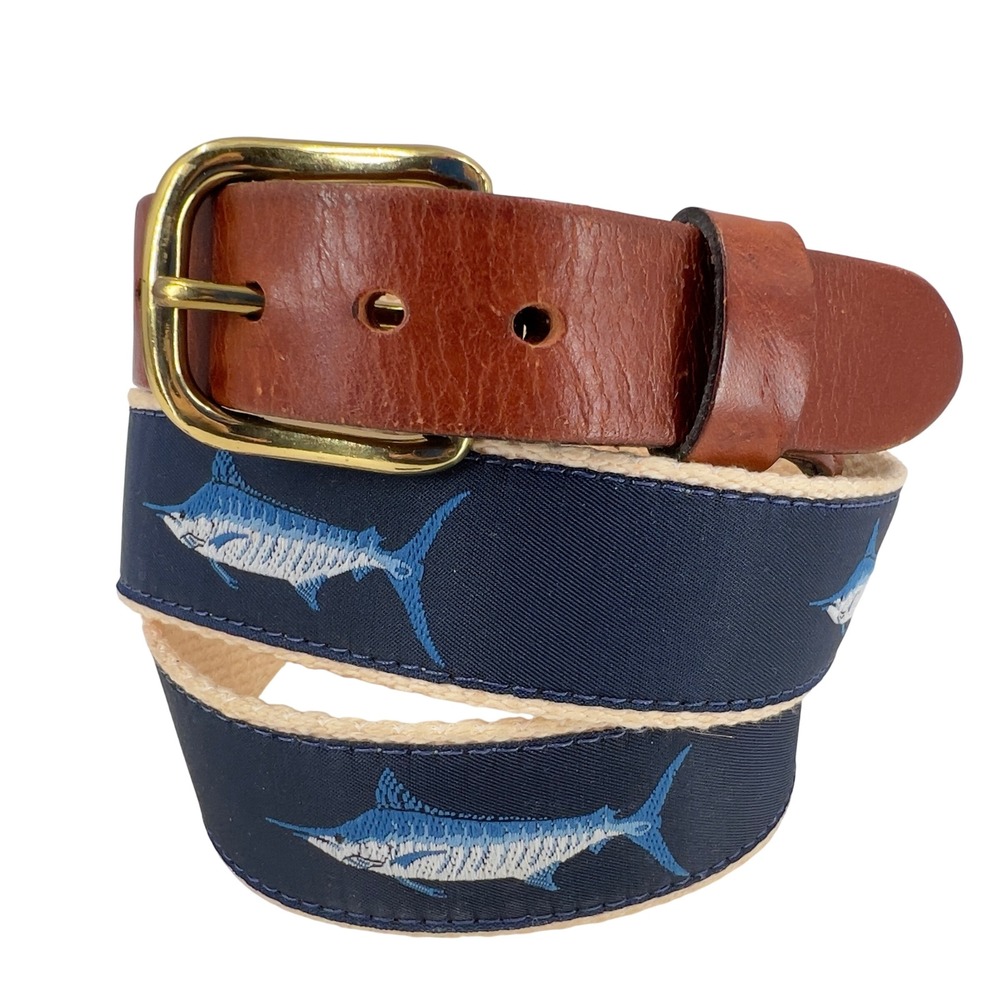 Leather Man Ltd Mens 40 Belt Navy Marlin Fish Embroidered Ribbon Leather Preppy